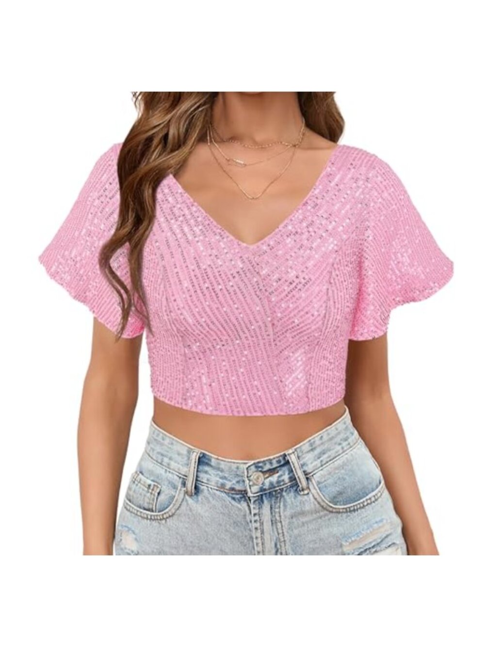 Sequin Ruffle Crop Top Short Sleeve V-Neck Glitter Party Tee